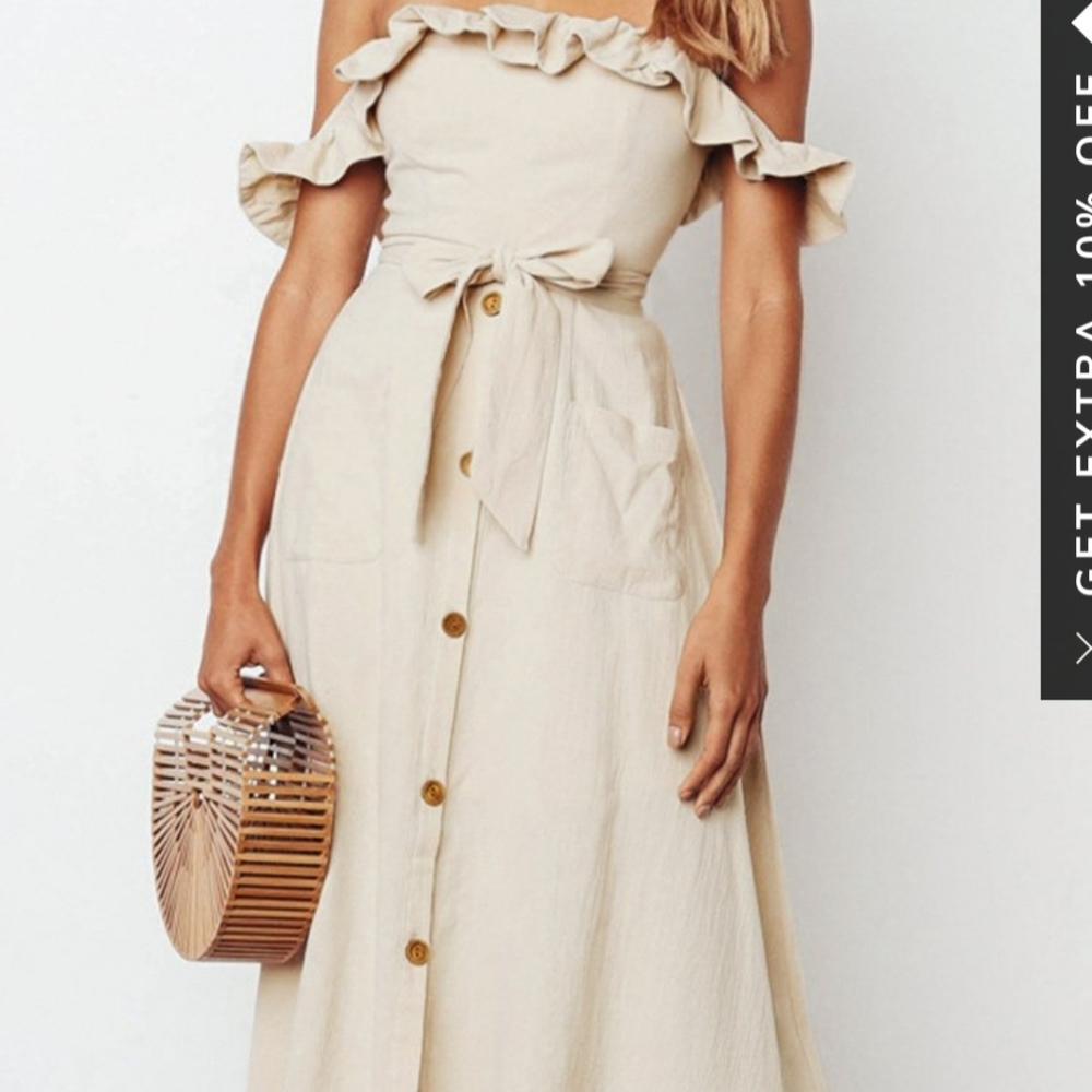 M/L linen look off shoulder midi summer dress with tie sash belt.